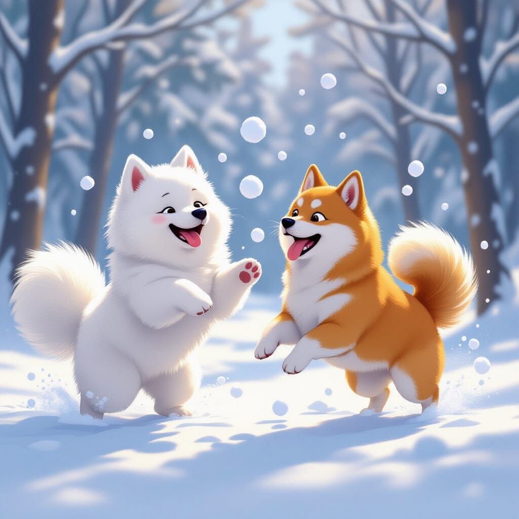 Samoyed and Shiba Inu Snowball Fight in Forest