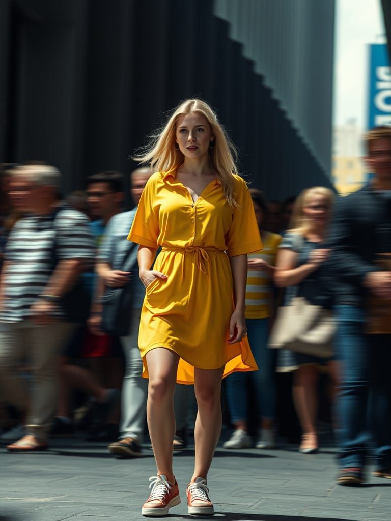 Blonde Woman in Yellow Dress: Street Photography
