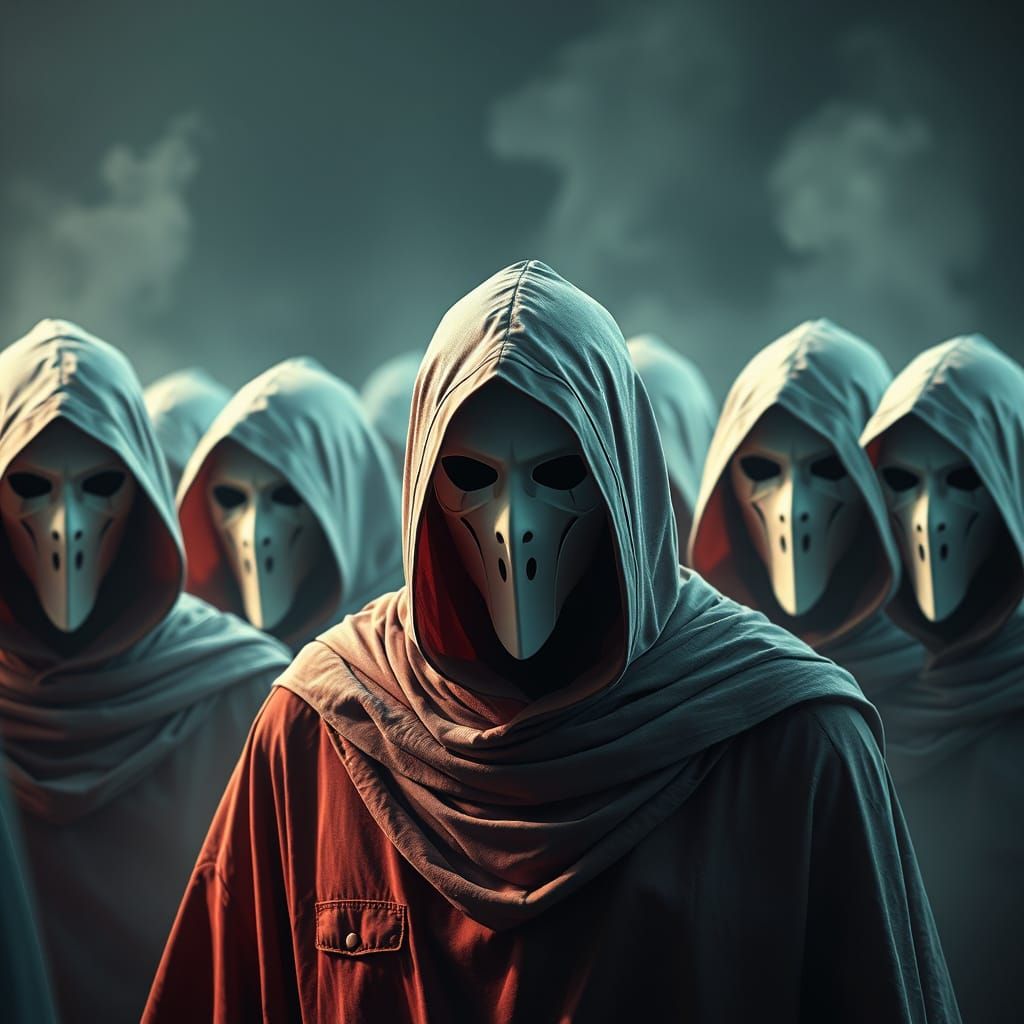 Deindividuation: White Masks in a Digital Painting