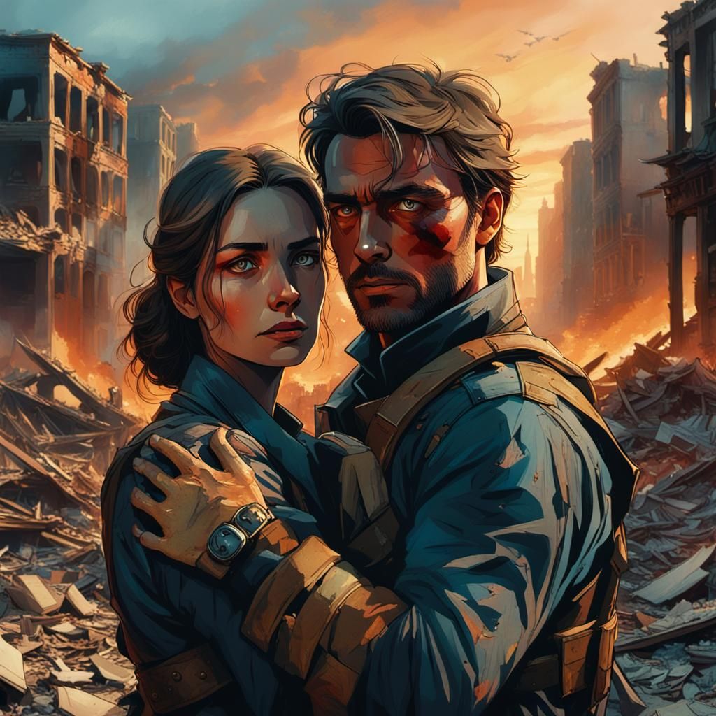 Intimate Embrace Amidst War-Torn Cityscape