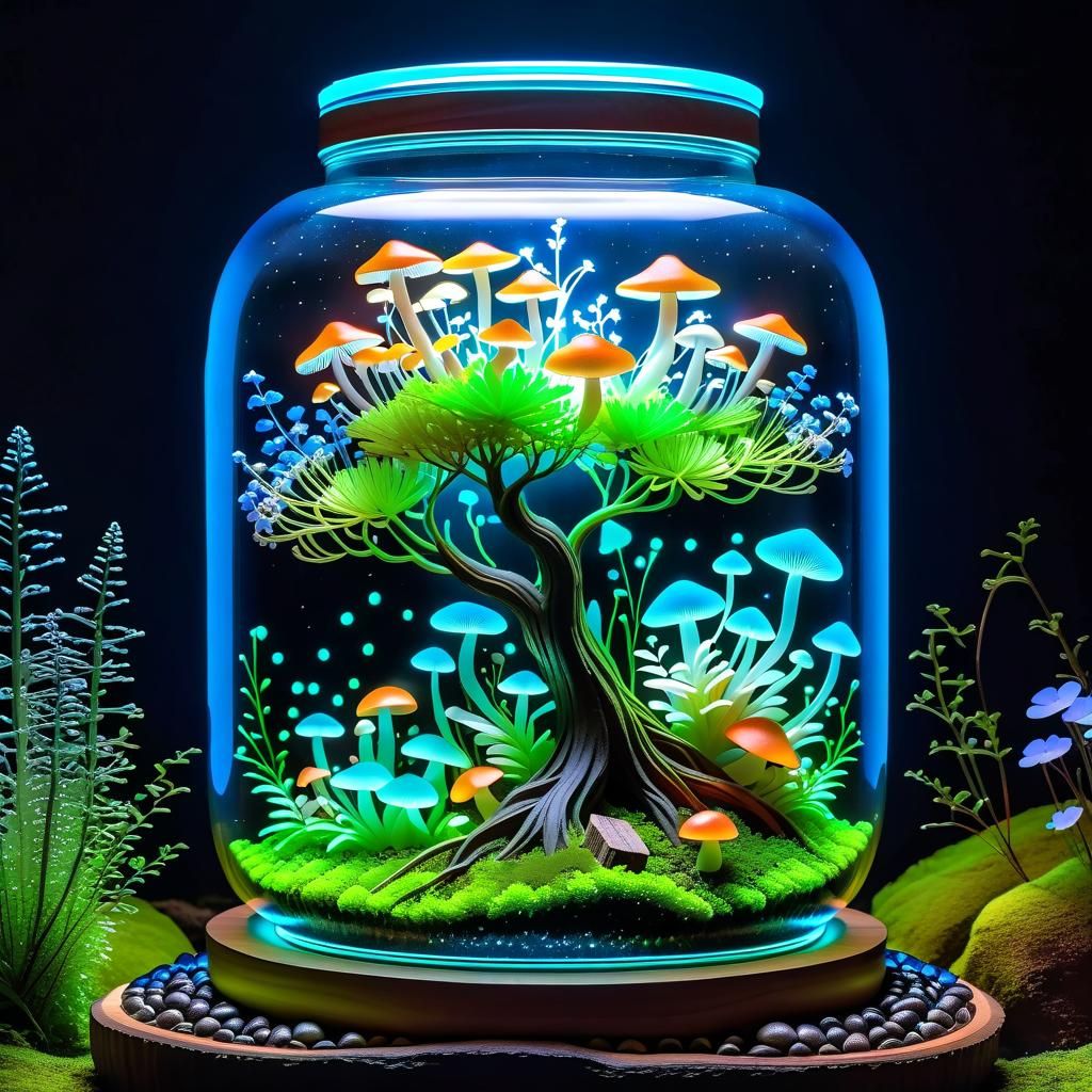 Bioluminescent Garden in a Jar at Night