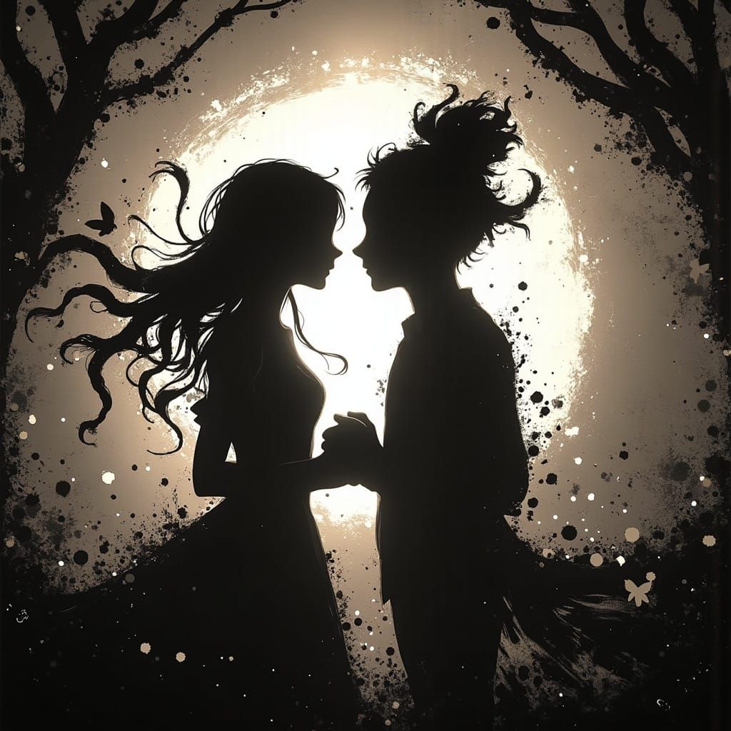 Stunning Silhouette Art: Lovers Dancing in Celestial Backlig...