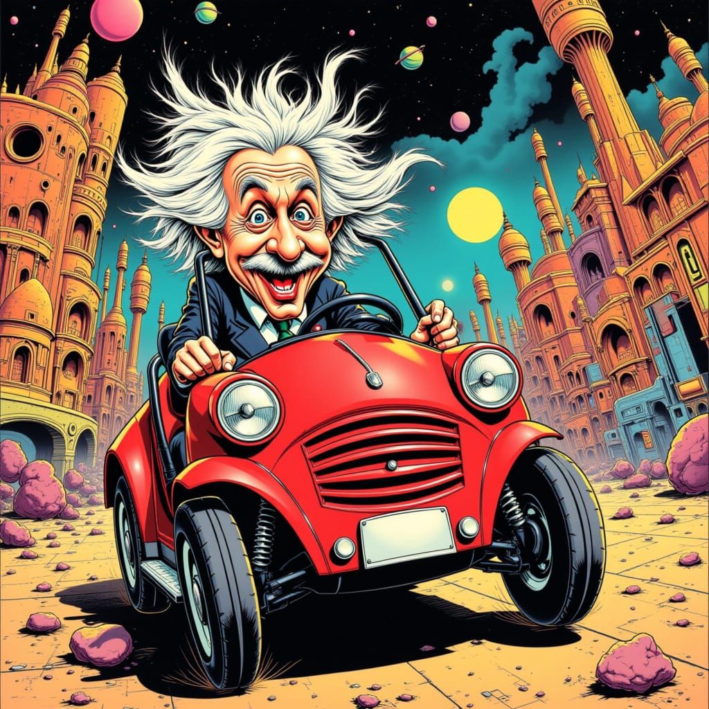 Einstein Drives Smart Car in 1950s EC Comics Style