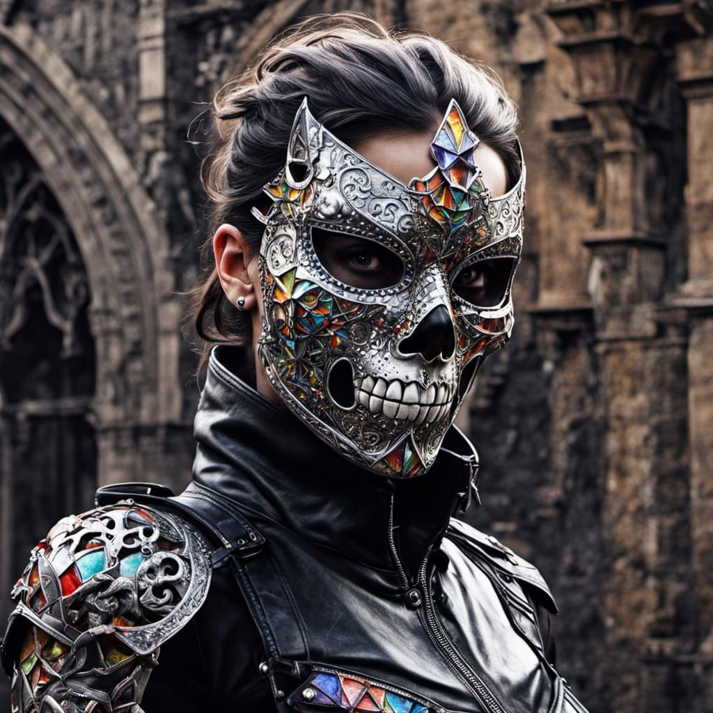 Gothic Punk Heroine in Iridescent Skull Mask