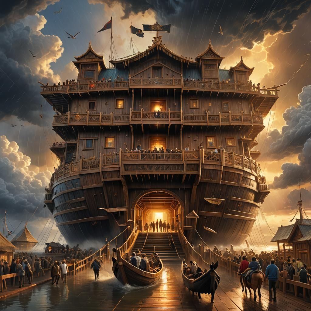 Colossal Wooden Ark Guiding Animals: Digital Art