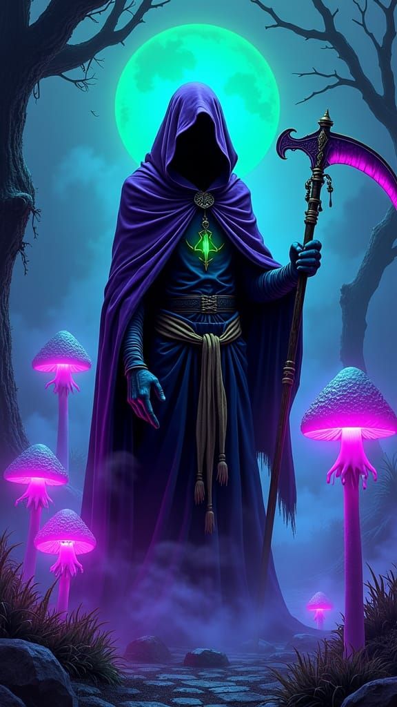 Grim Reaper in Psychedelic Graveyard, Black Light Poster Art
