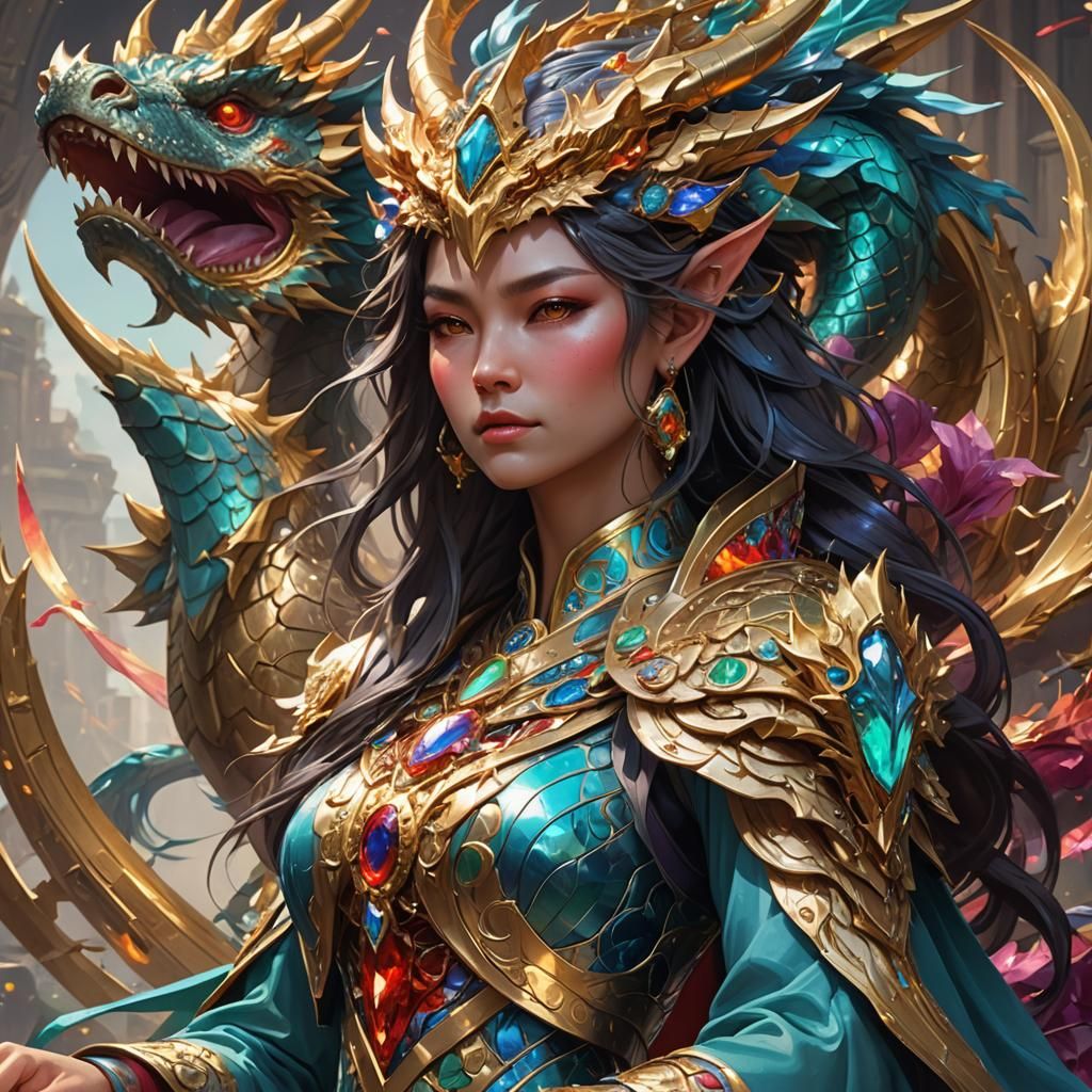 Prismatic Dragon Empress Portrait in Hyperdetailed Style