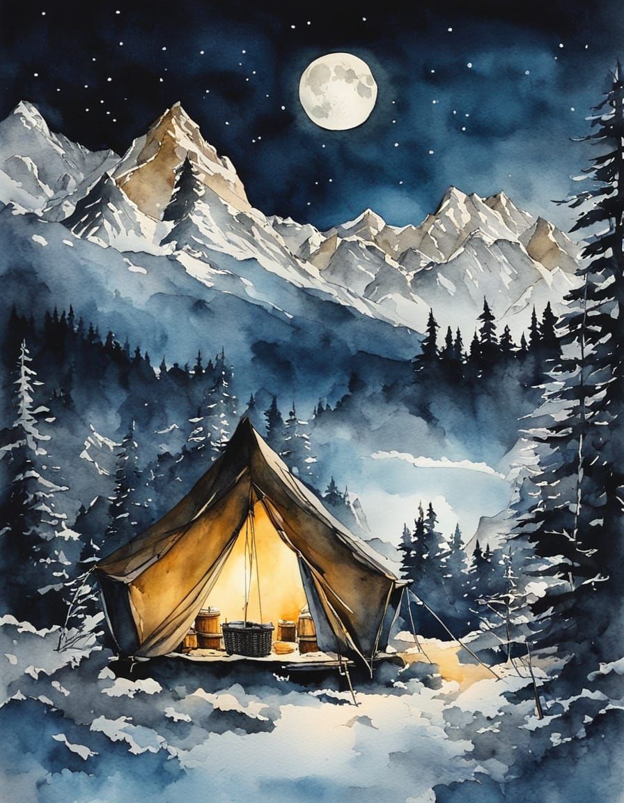 Moonlit Campsite in Frosty Swiss Alps
