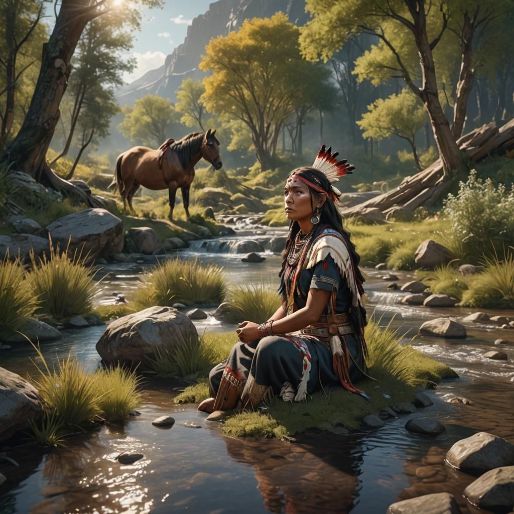 Native American Woman by Stream: Fantasy Matte Painting