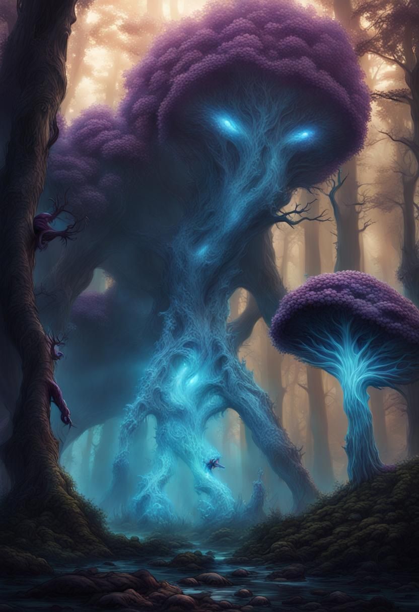 Shadow Monster Lurking in Ancient Forest: Dark Fantasy Art