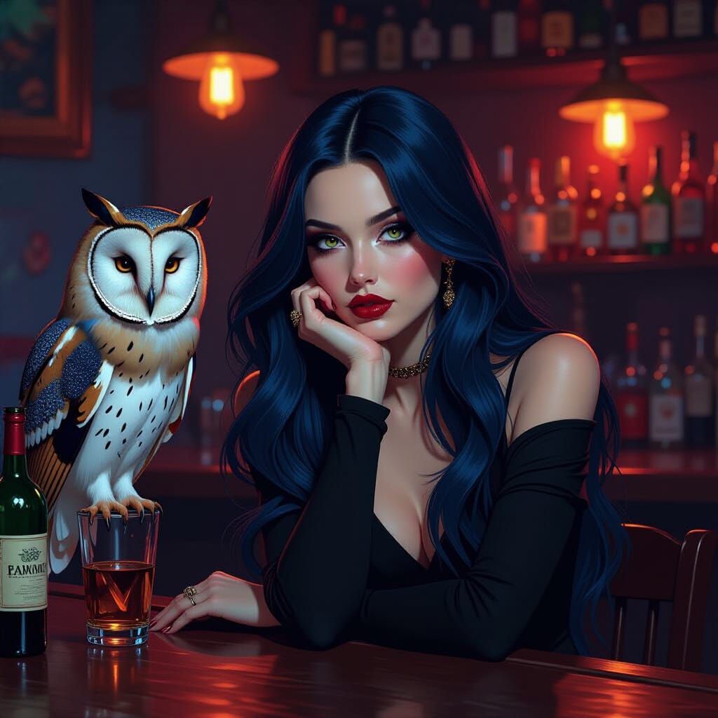 Digital Painting of Woman with Owl at Bar