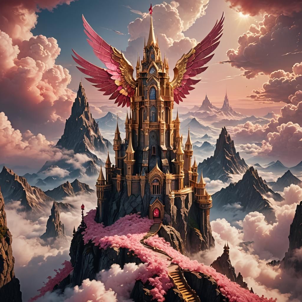 Golden Tower with Angel Wings and Diamonds