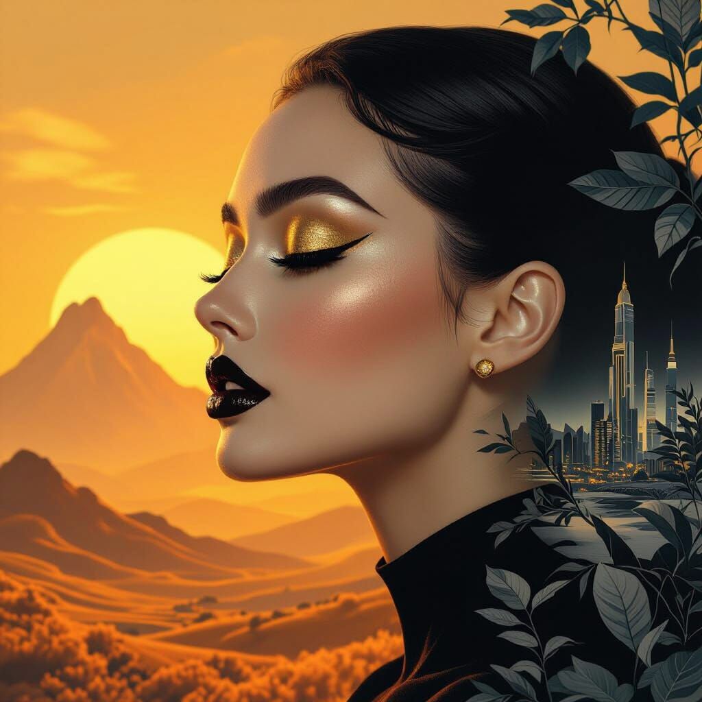 Surreal Double Exposure Portrait with Golden Landscape