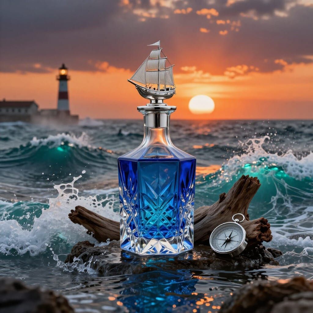 Crystal Ship Decanter in Stormy Ocean Scene