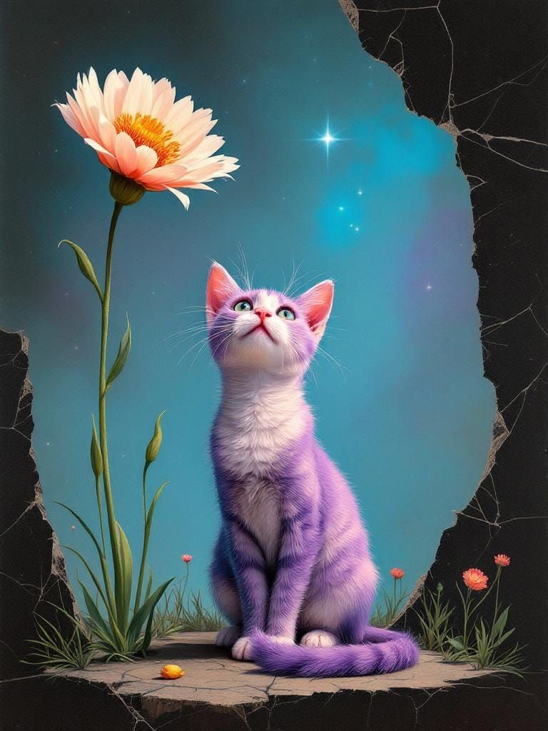 Cat Under Flower: Rockwell and Dalí Fusion