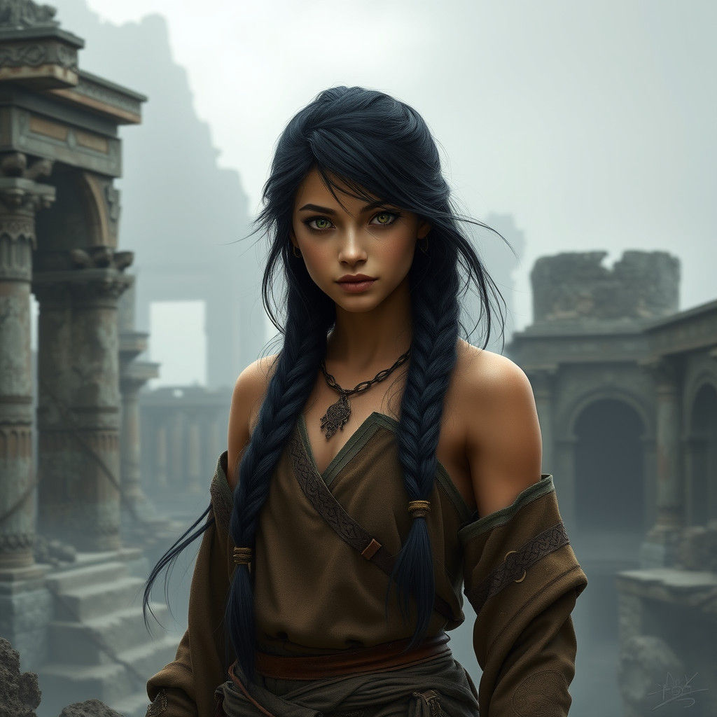 Fierce Teenager in Ancient Ruins, High-Fantasy Art