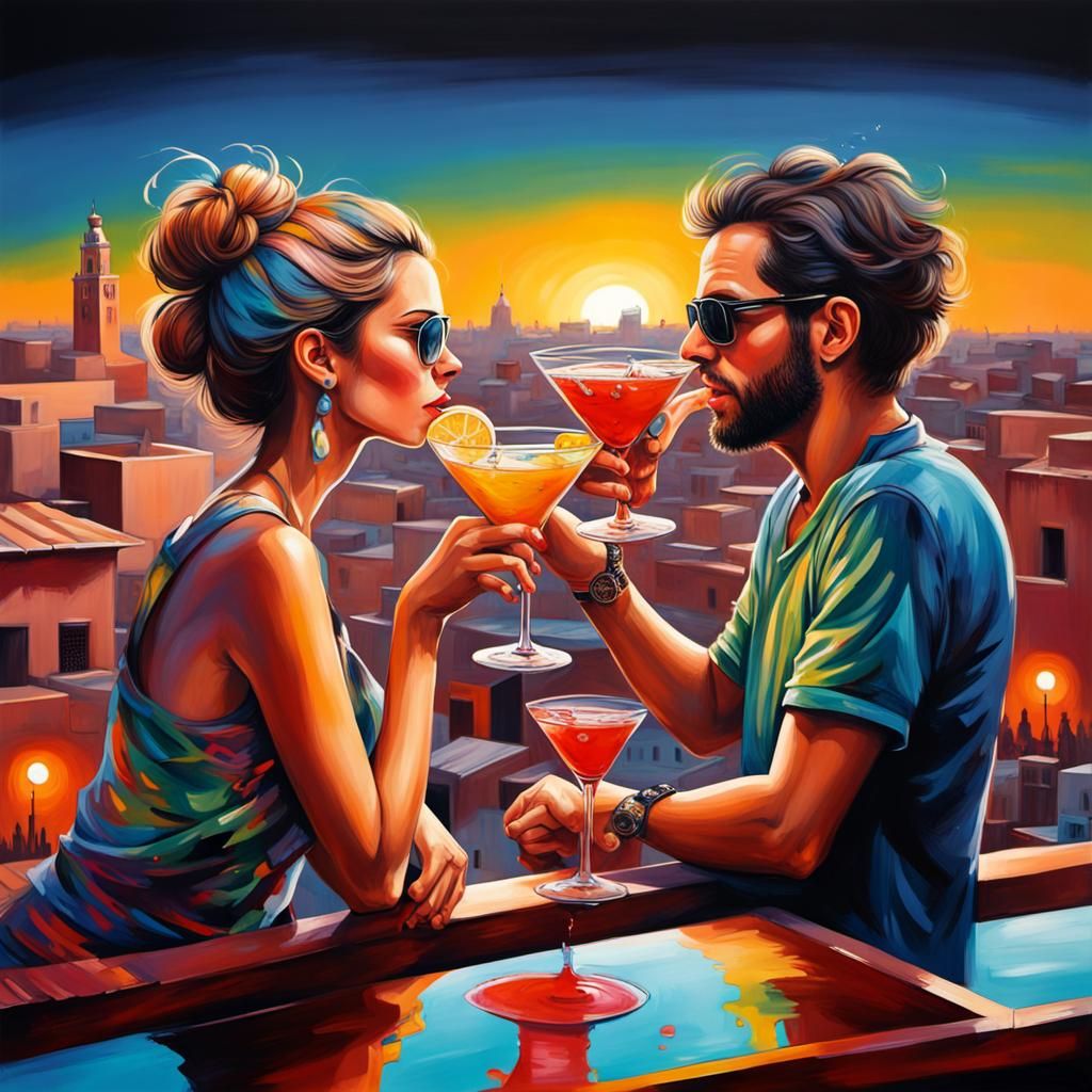Marrakech Rooftop Cocktails in Graffiti Art Style