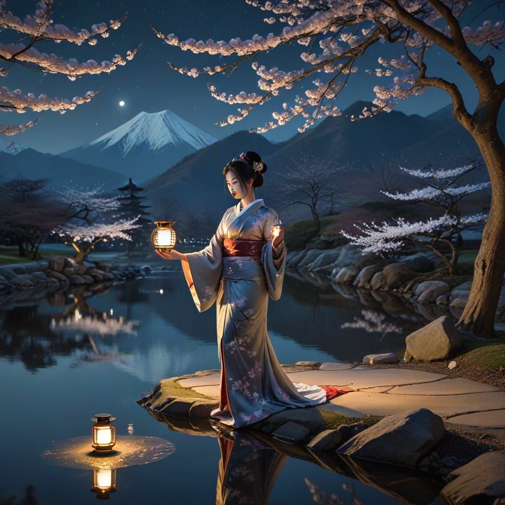 Moonlit Geisha with Lantern and Cherry Blossoms