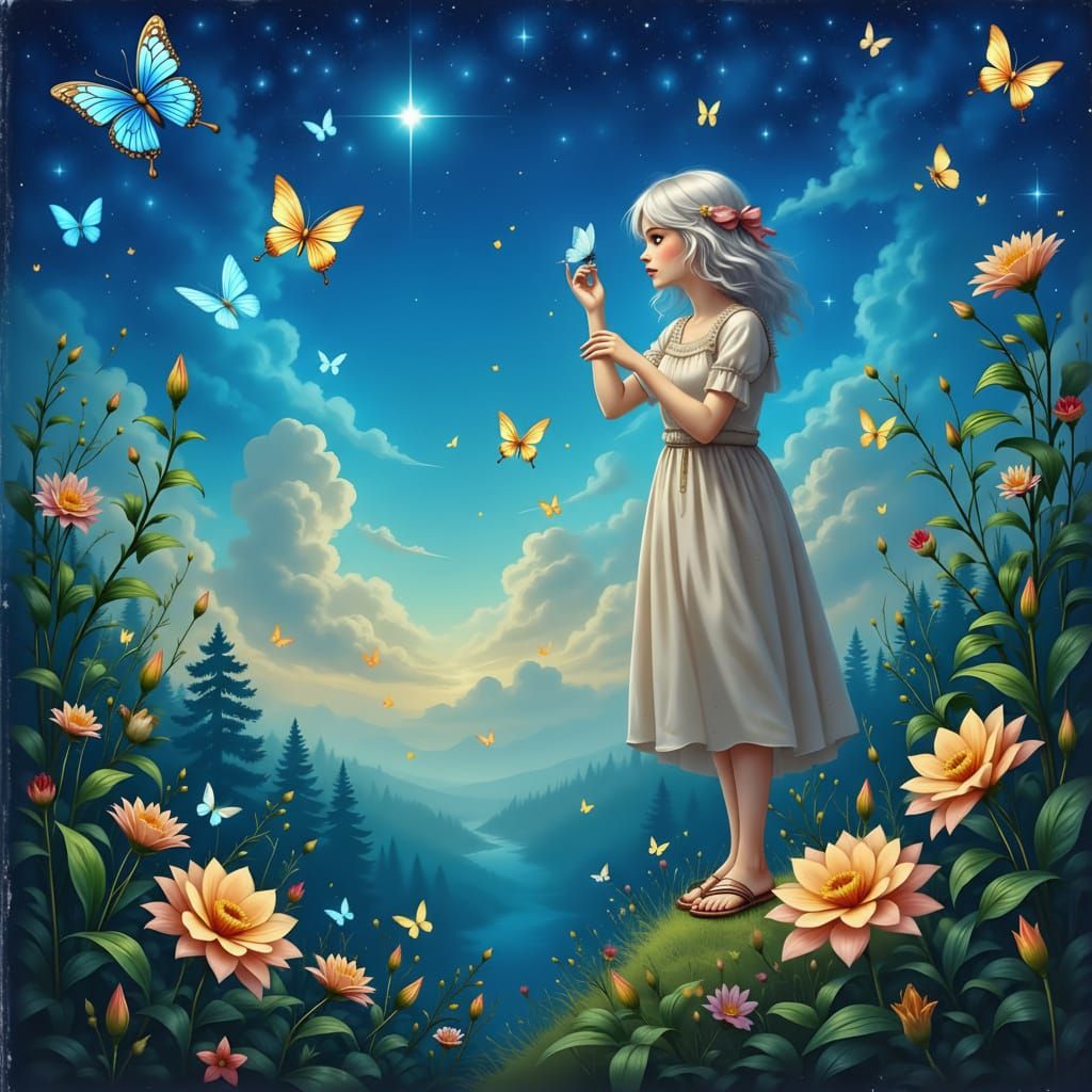 Pensif Girl with Blue Eyes and White Hair Touched by Butterf...