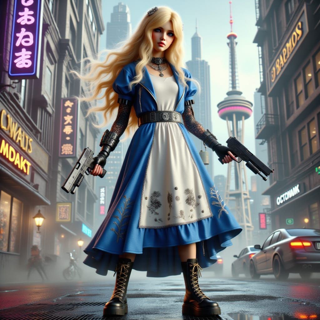 Cybernetic Alice of Wonderland in Cyberpunk Setting