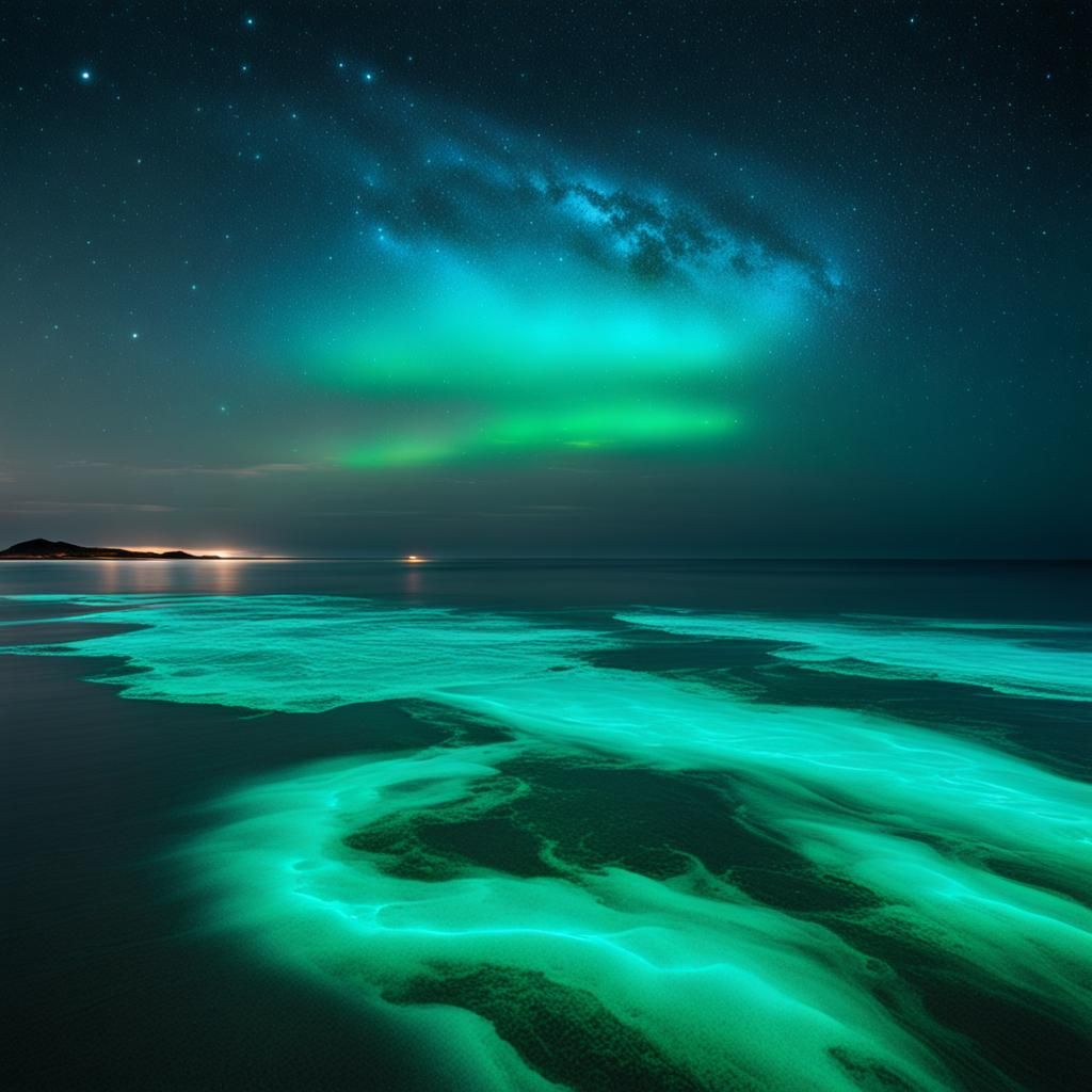 Glowing Bioluminescent Ocean at Night