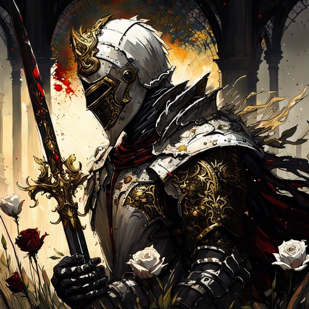 Gothic Knight Templar in a Bloody Rose Field