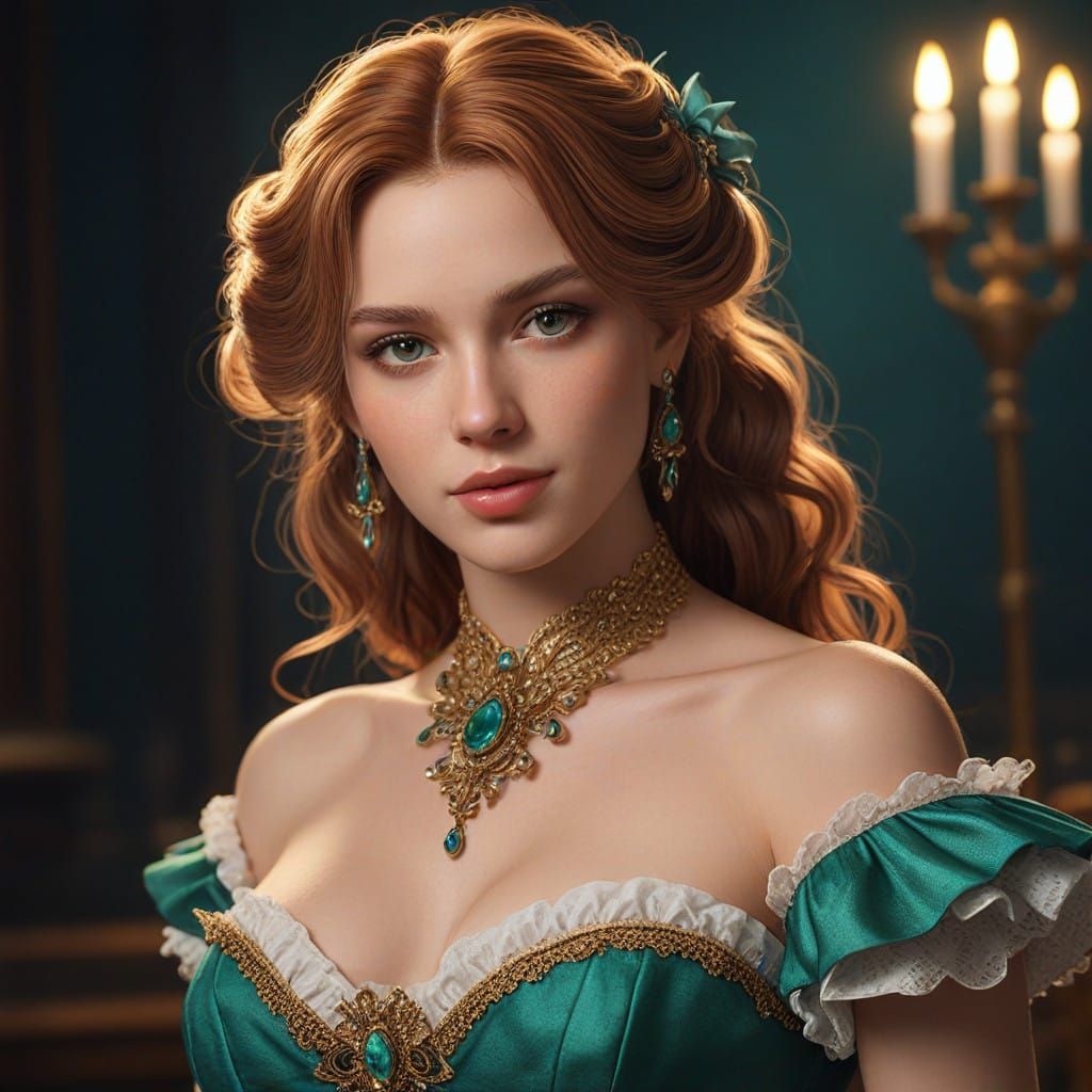 Majestic Countess with Emerald Eyes Posing in Luxury Gown