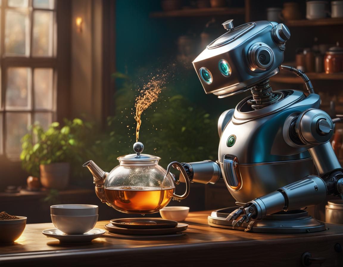 Hyperrealistic Robot Brews Tea: Splash Art Concept