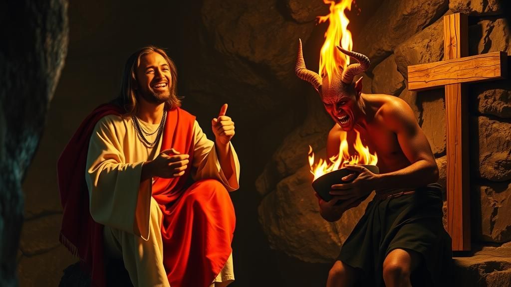 Humorous Photo of Jesus and Devil in Cave