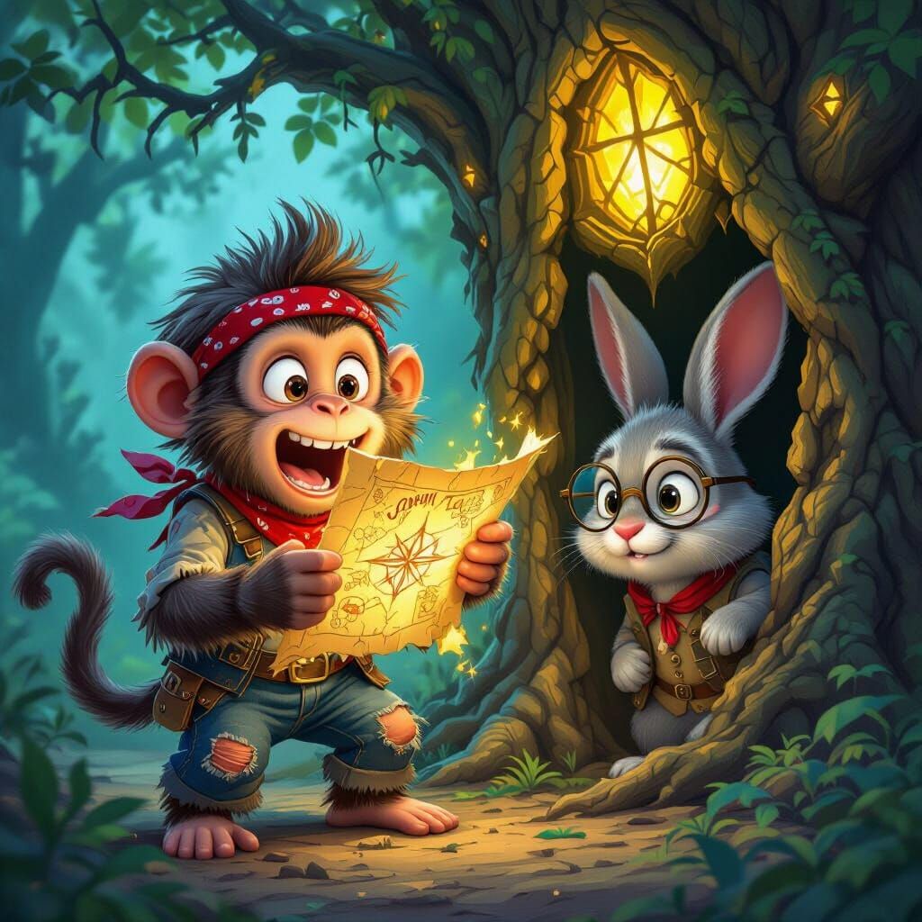 Children's Book Cover: Monkey and Rabbit Find Treasure Map