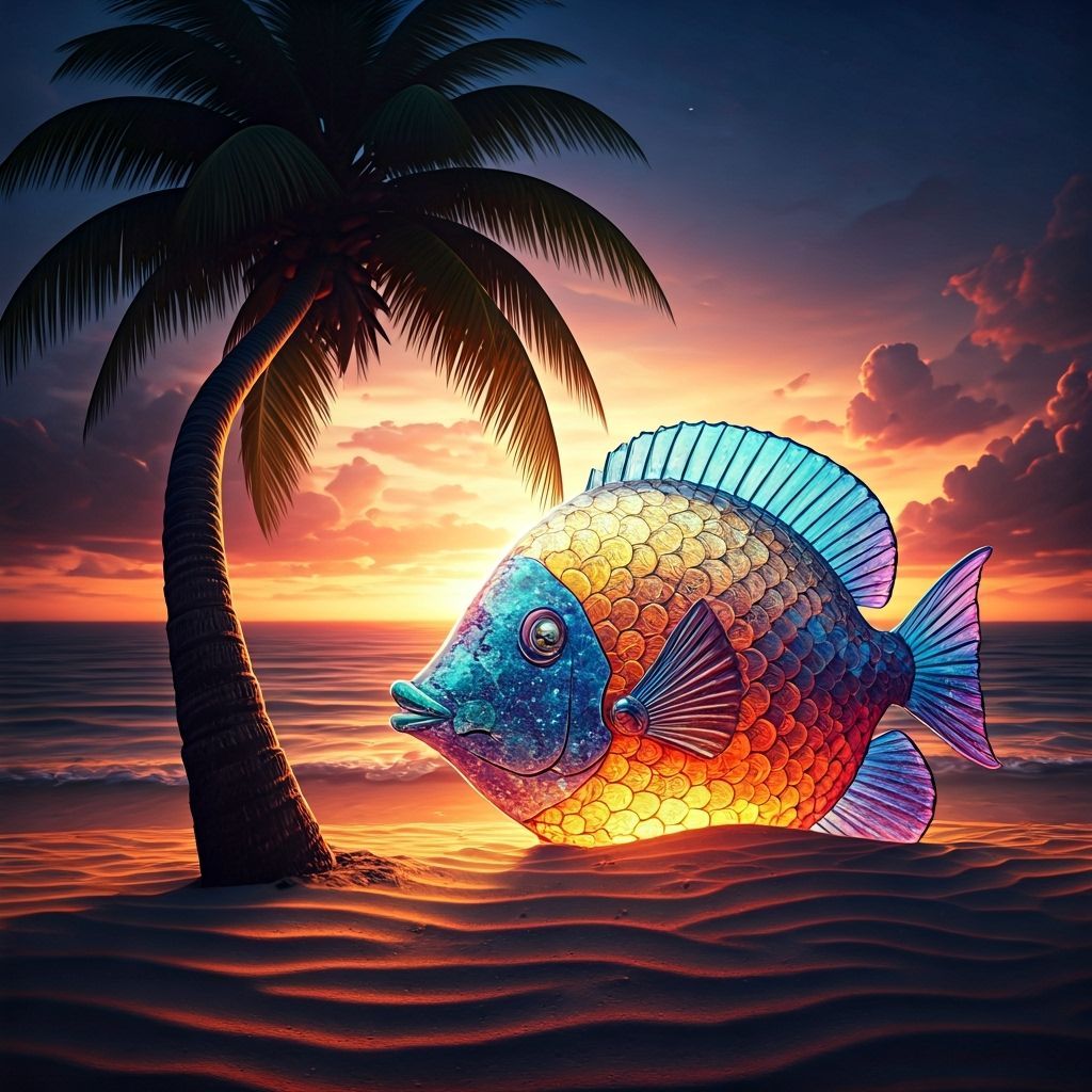 Glowing Sea Glass Fish Sculpture on Caribbean Beach at Sunri...