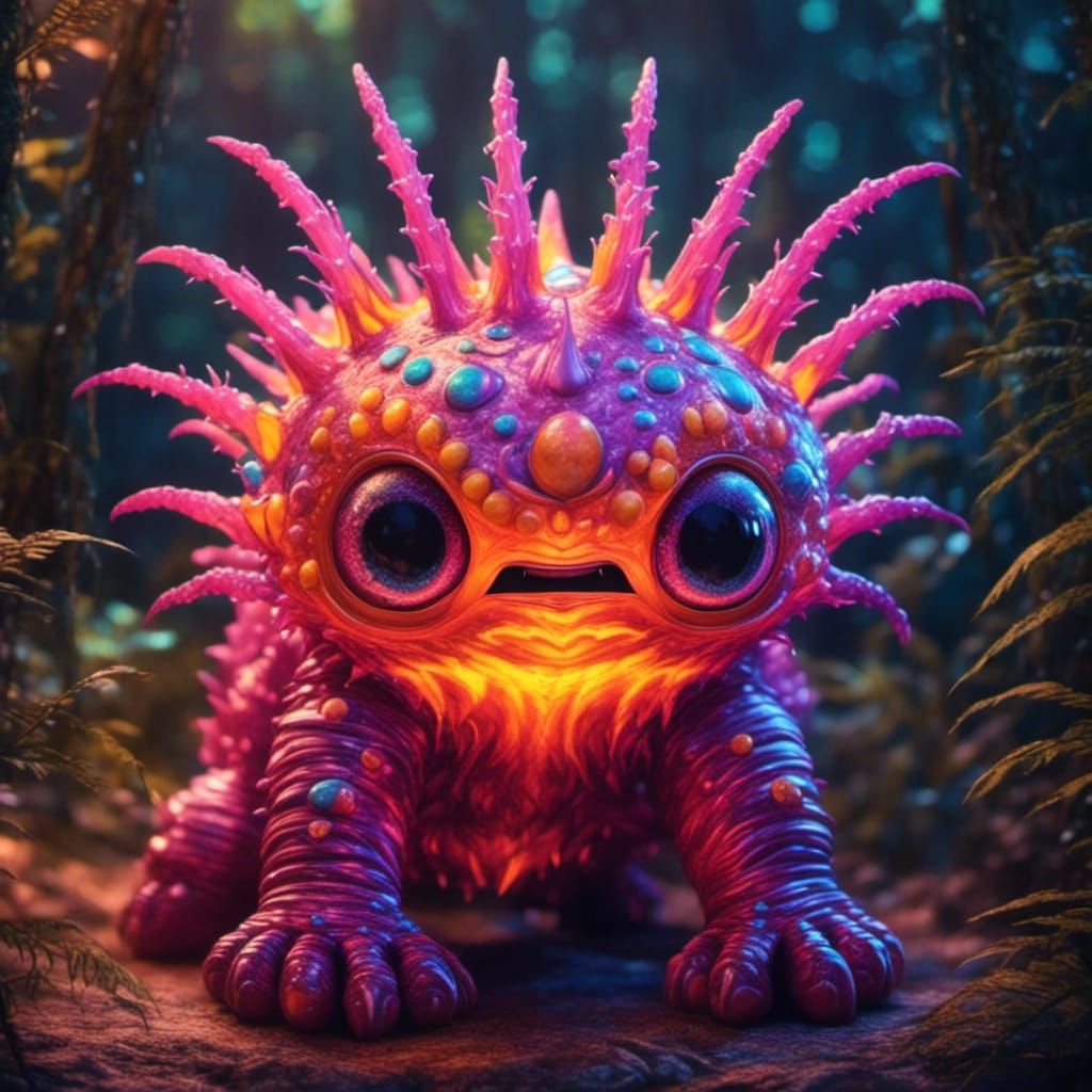 Cute Monster in Sunset Jungle Landscape