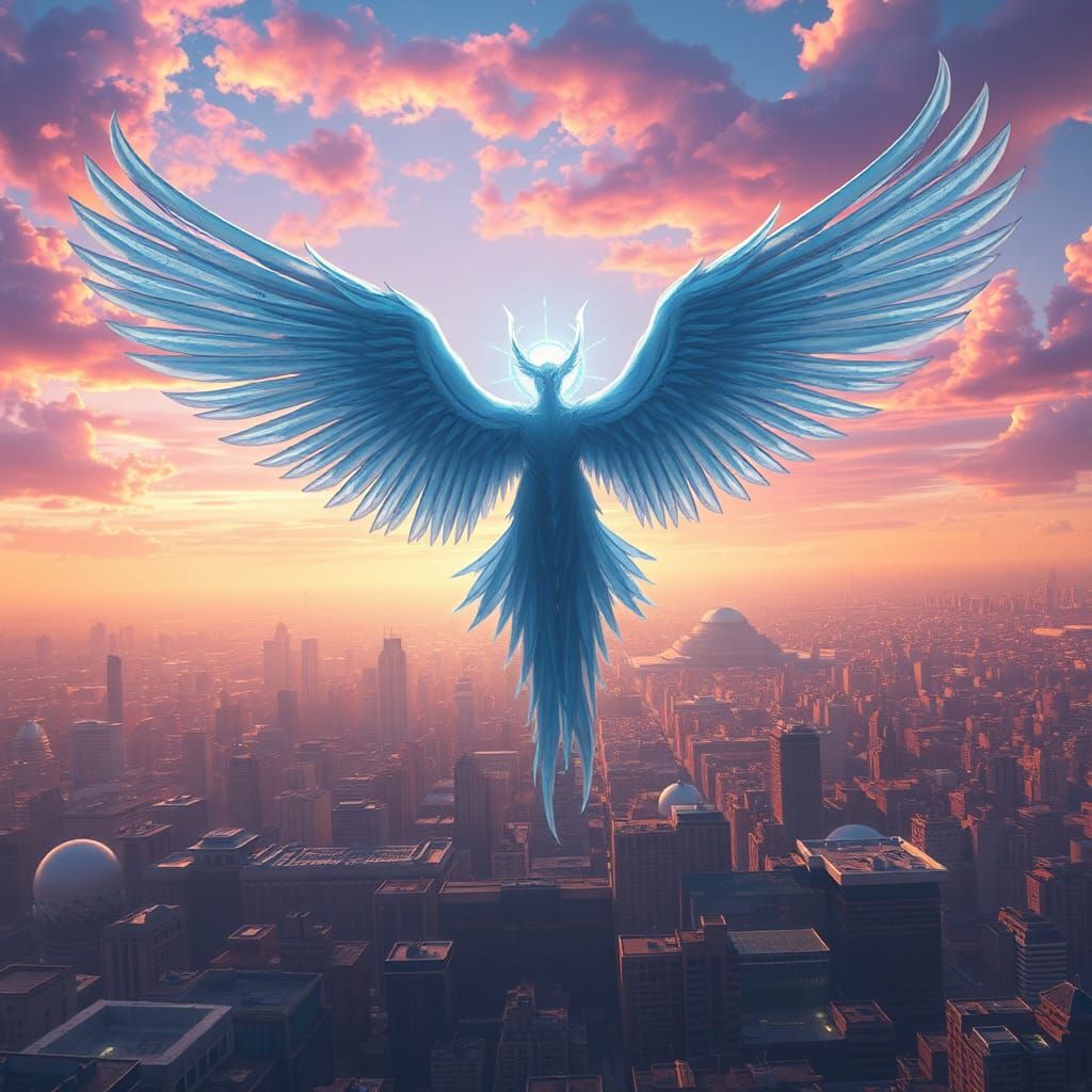 Ophanim Soaring Over Cityscape in Matte Painting Style