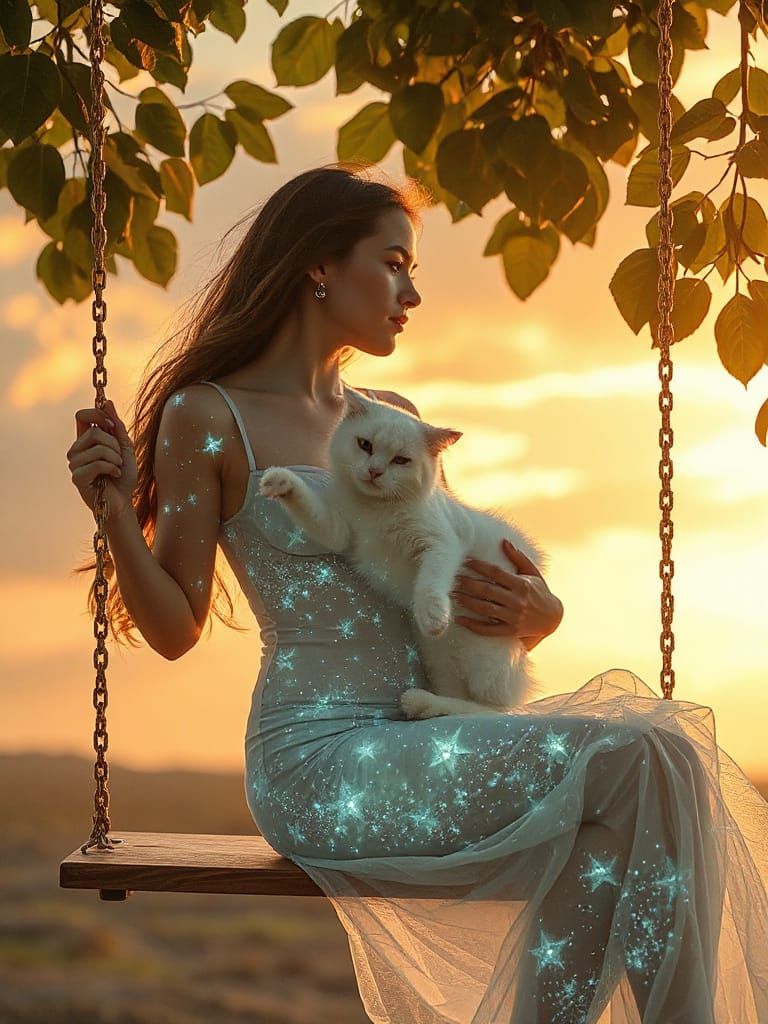 Ethereal Woman with Cat in Plasma Portals