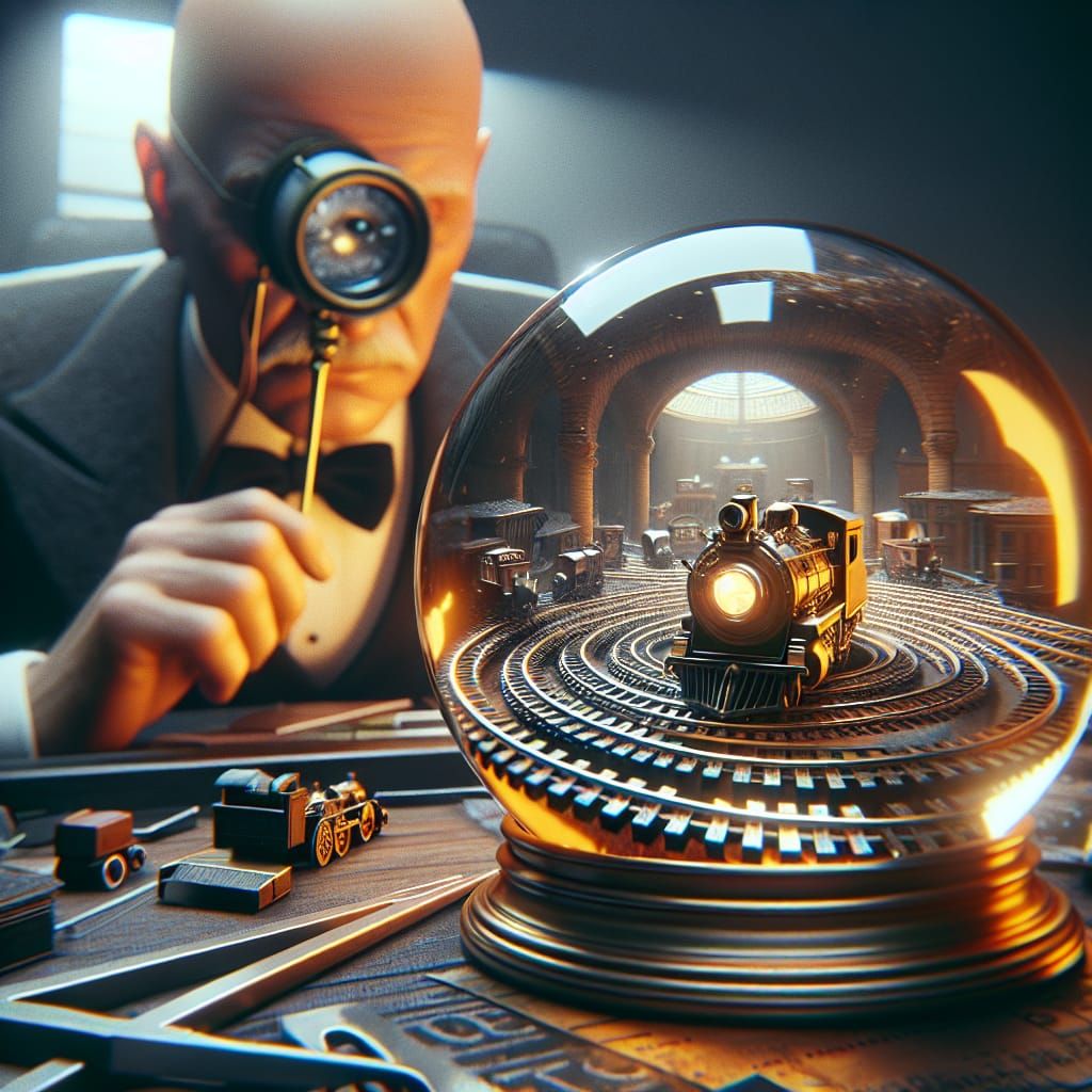 Hyperrealistic Crystal Ball Labyrinth with Miniature Trains