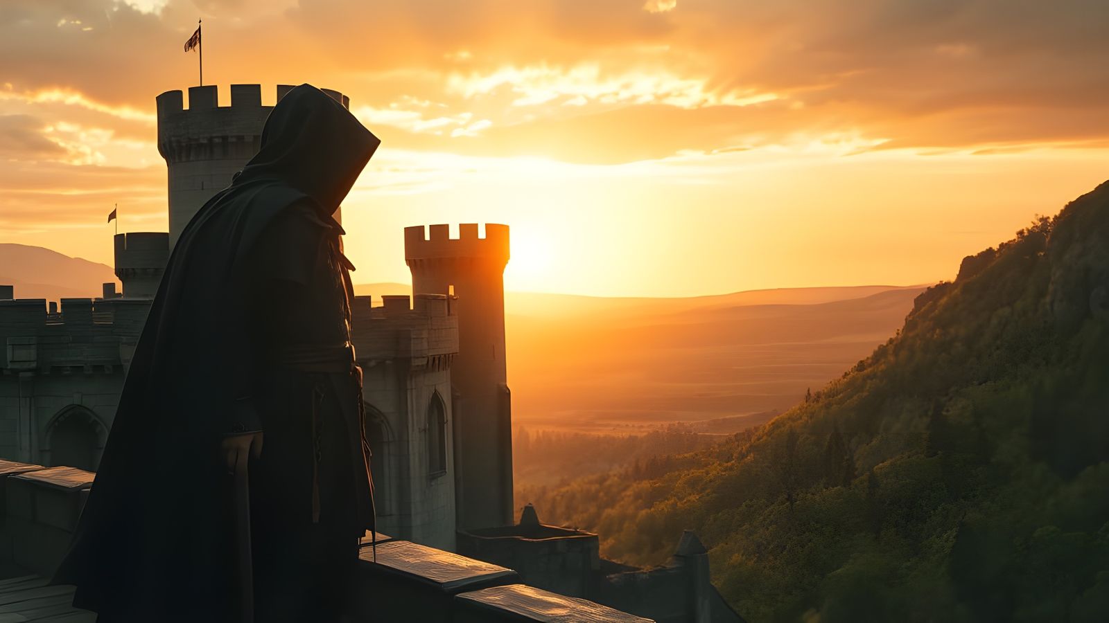 Medieval Castle Basks in Sunset Glory with Vigilant Guard