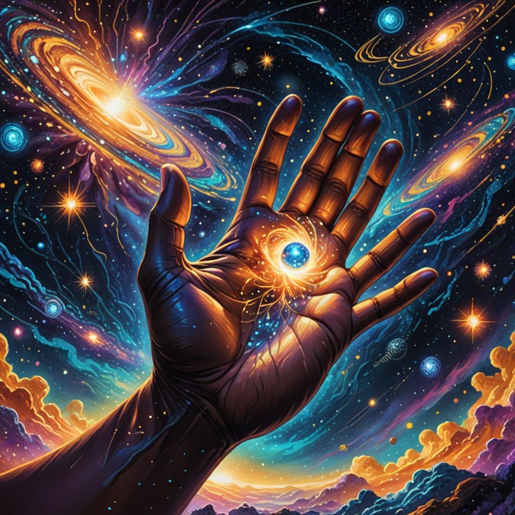 Cosmic Entity Holds Universe in Hand