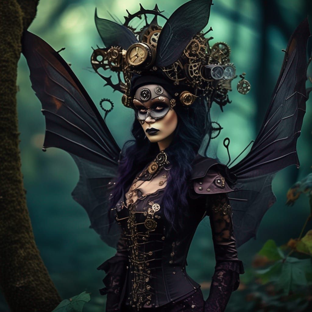 Steampunk Dark Fairy in Enchanted Forest