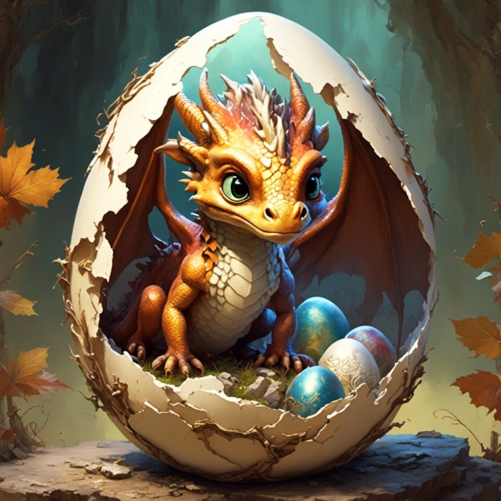 Cute Baby Dragon Hatching From Eggshell