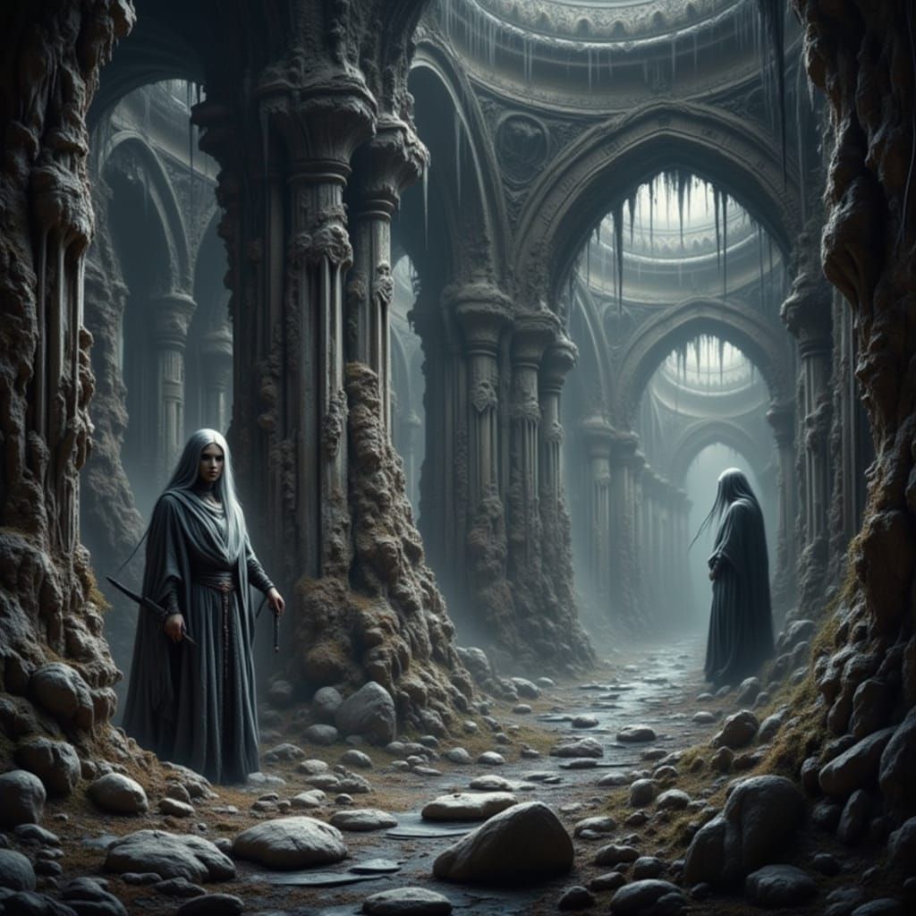 Sad Drow Elf Maiden with Dagger in Underground Complex