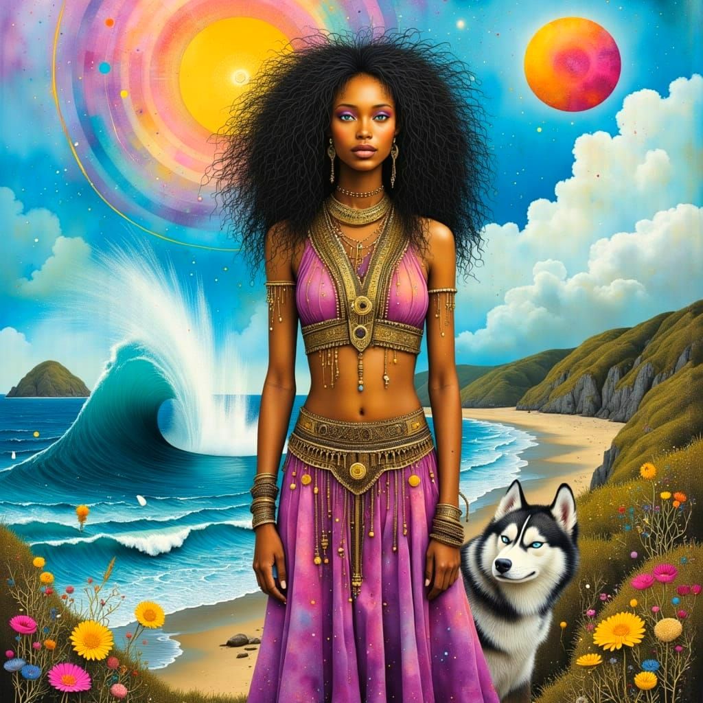 Surreal Boho Woman and Her Husky Soar by the Wild Ocean