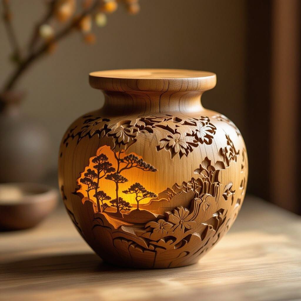 Handcrafted Wooden Glass Jar with Intricate Carvings