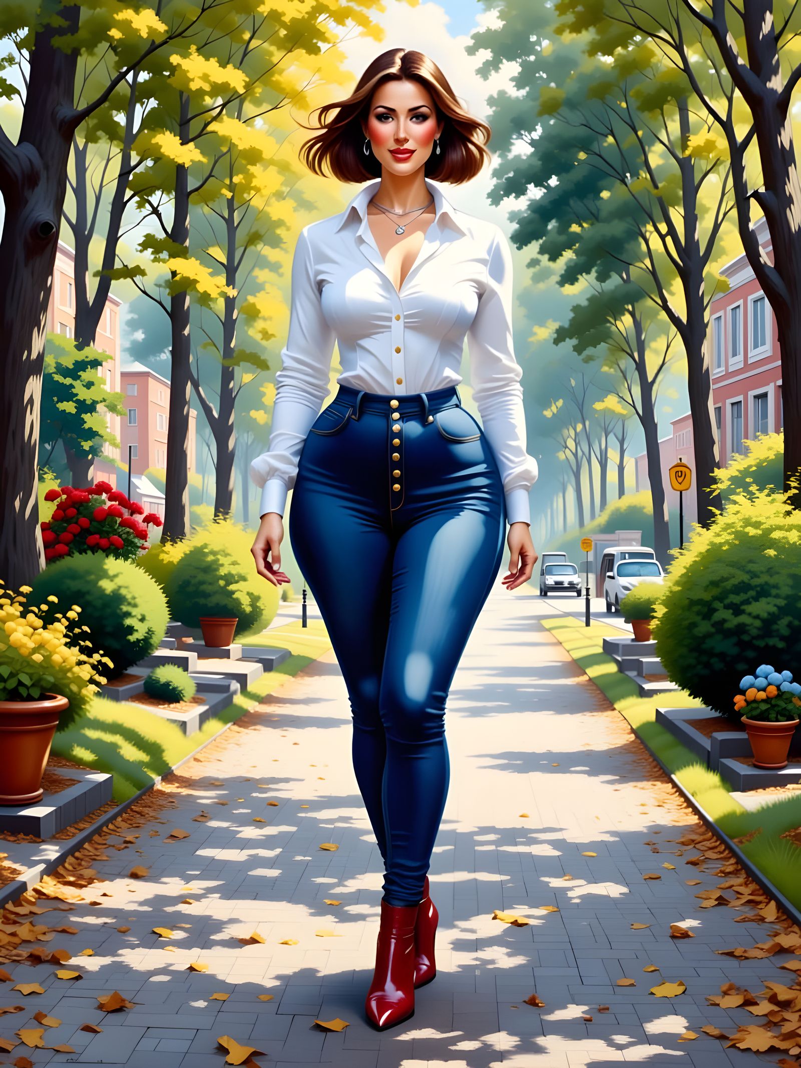 Elegant Woman in City Garden, Art Nouveau Style