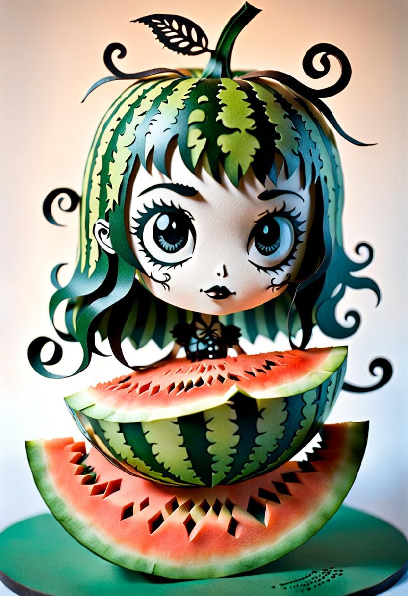 Melon Girl Silhouette: Paper Cut Scherenschnitte Style