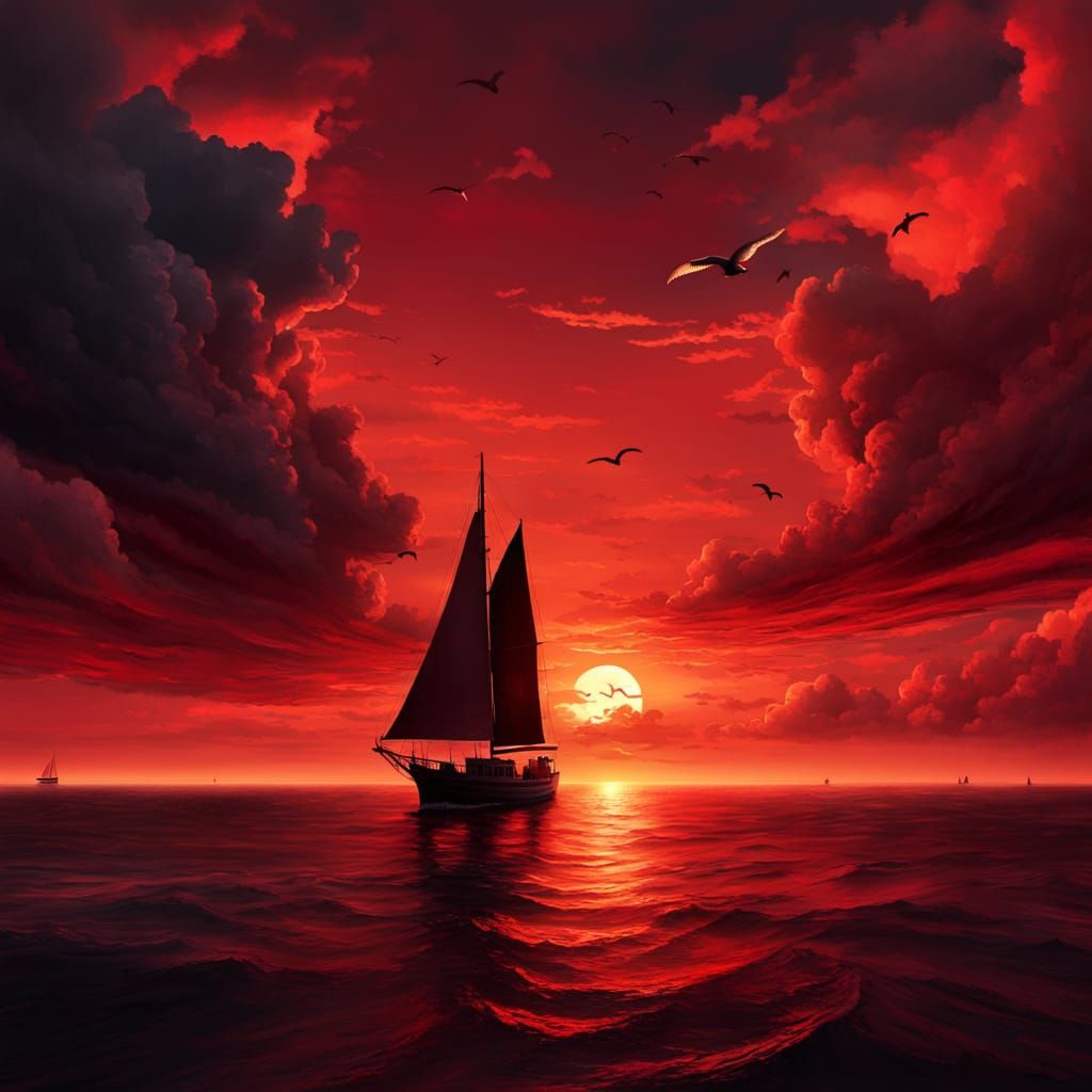 Crimson Sunset Seascape with Sailboat in Painterly Style