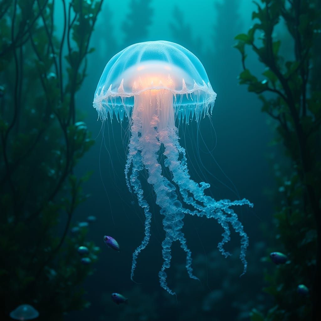 Ethereal Bioluminescent Jellyfish in Underwater Kelp Forest