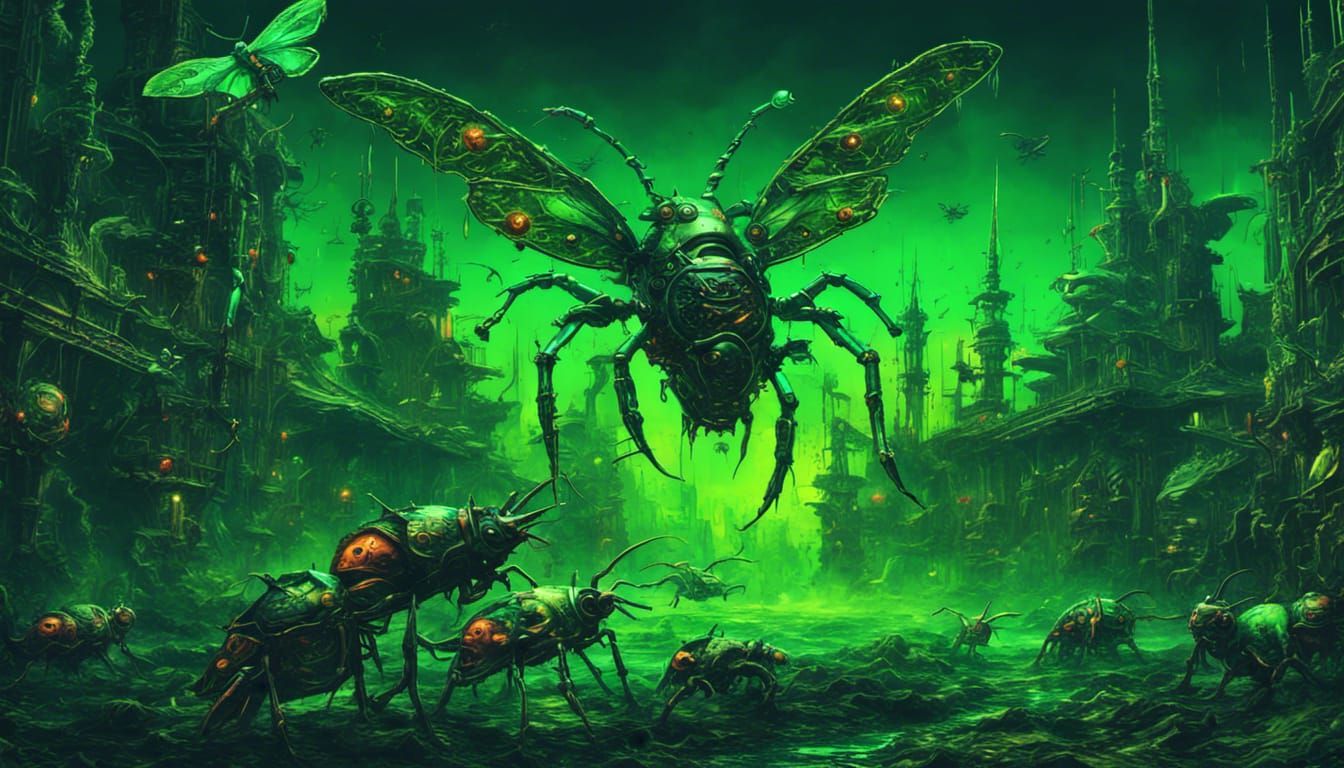 Neon Wasteland with Mechanical Beetles and Dragons