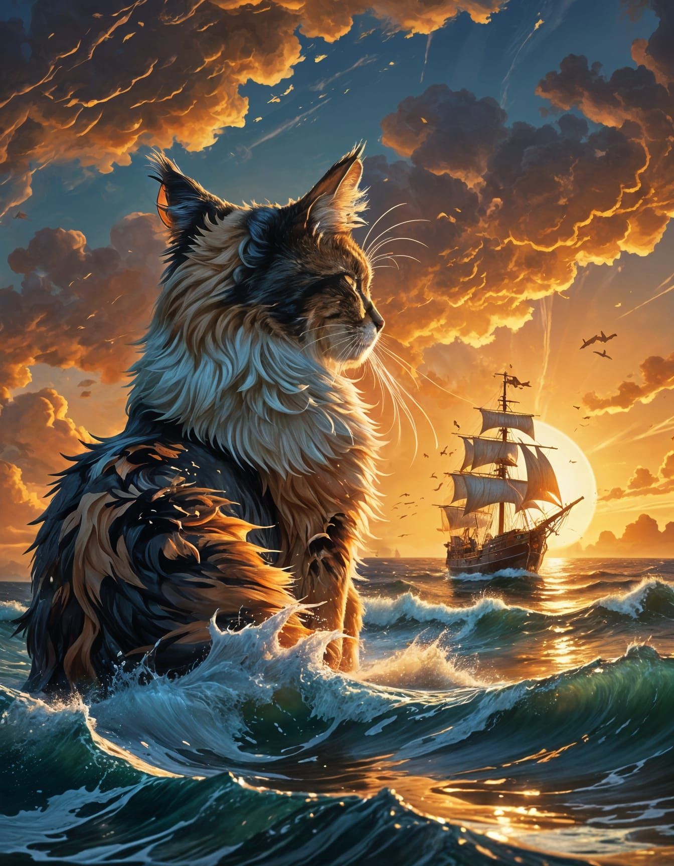 Giant Calico Cat Watches Pirate Ship: Digital Illustration