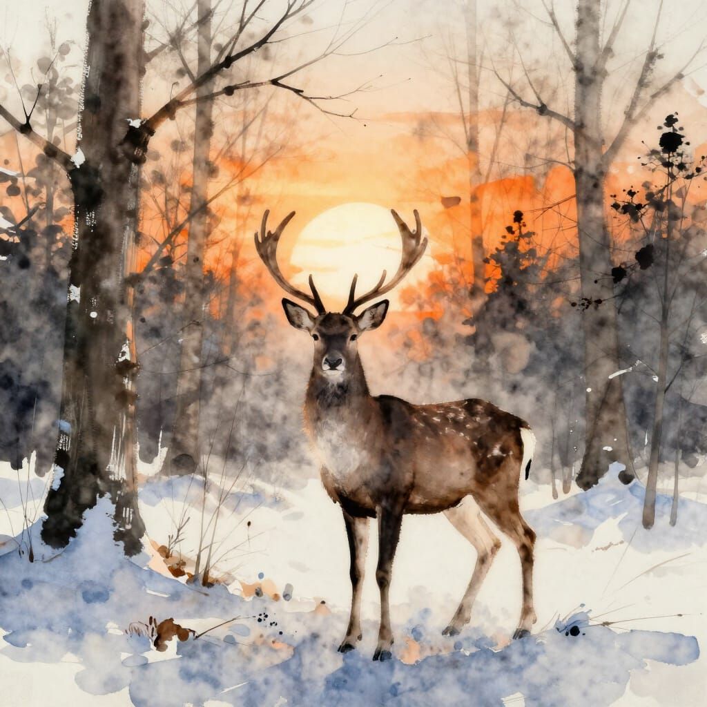 Ink Wash Stag in Winter Forest at Sunset