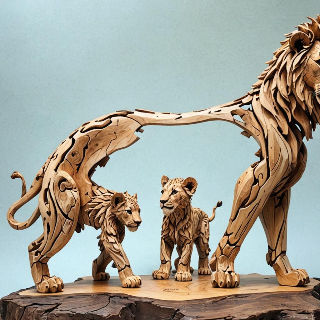 Detailed Wood Sculpture of Lion Cub and Mother